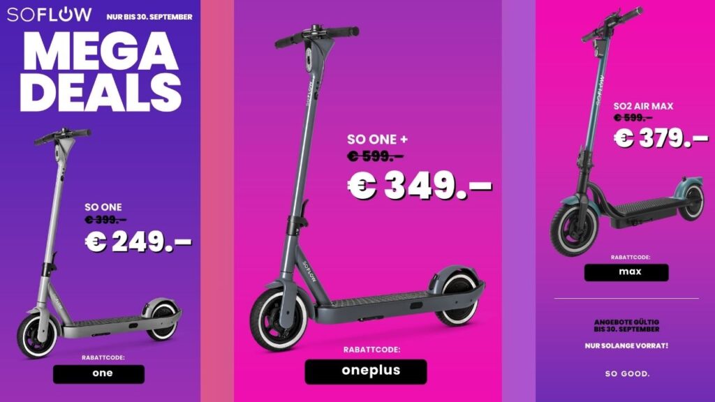 🚀 SoFlow Mega Deals: E-Scooter mit ABE jetzt bis zu 250 € günstiger! 🔥 SoFlow E-Scooter mit ABE stark reduziert: Top Deals nur bis Monatsende. Jetzt sparen & sofort losfahren!