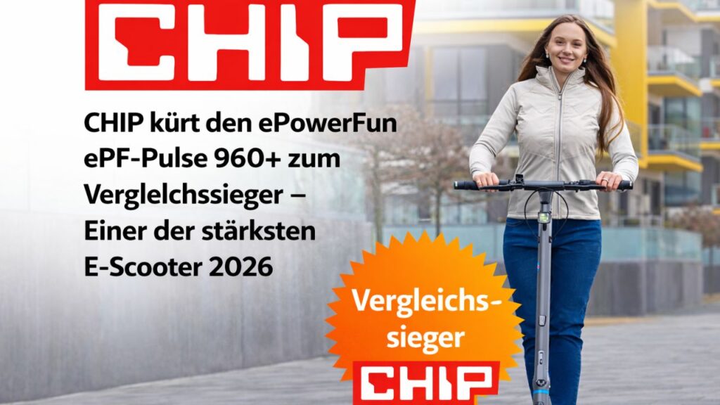 CHIP kürt ePowerFun ePF-Pulse 960+ zum besten E-Scooter 2026 CHIP kürt den ePowerFun ePF-Pulse 960+ zum besten E-Scooter. Alle Details zum Vergleichssieger und seinen Stärken im Überblick.