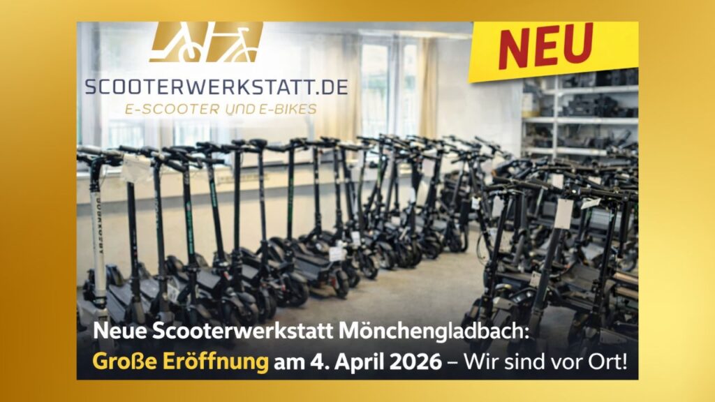 Scooterwerkstatt Mönchengladbach – große Eröffnung am 4. April 2026 Scooterwerkstatt Mönchengladbach eröffnet neuen Standort. Am 4.4.2026 sind auch die Scooterhelden vor Ort – komm vorbei!